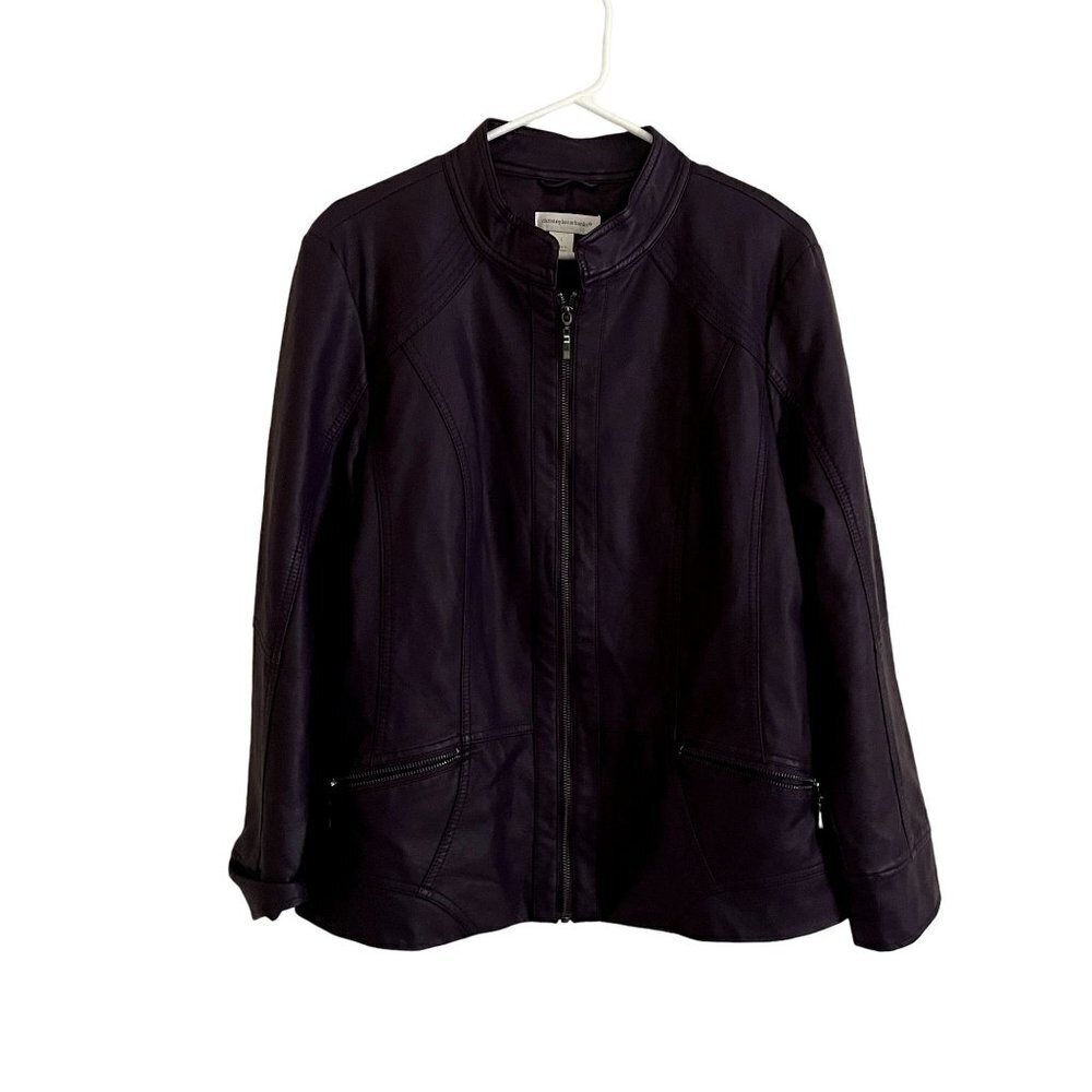 Christopher Banks purple leather large full zip jacket pockets trendy NY chic